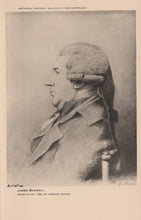 Load image into Gallery viewer, Portrait of James Boswell by George Dance, with a beige border and text at the top.
