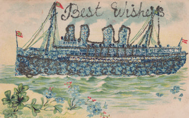 Vintage-style ship illustration with 'Best Wishes' text on a decorative card.