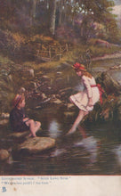 Load image into Gallery viewer, Two children by a stream in a natural setting with a bridge in the background.
