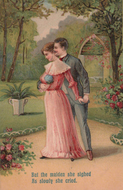 Vintage-style illustration of a couple in a garden with text at the bottom.