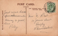 Load image into Gallery viewer, Vintage postcard with handwritten text and a stamp, featuring the Rotary Photographic Series branding.
