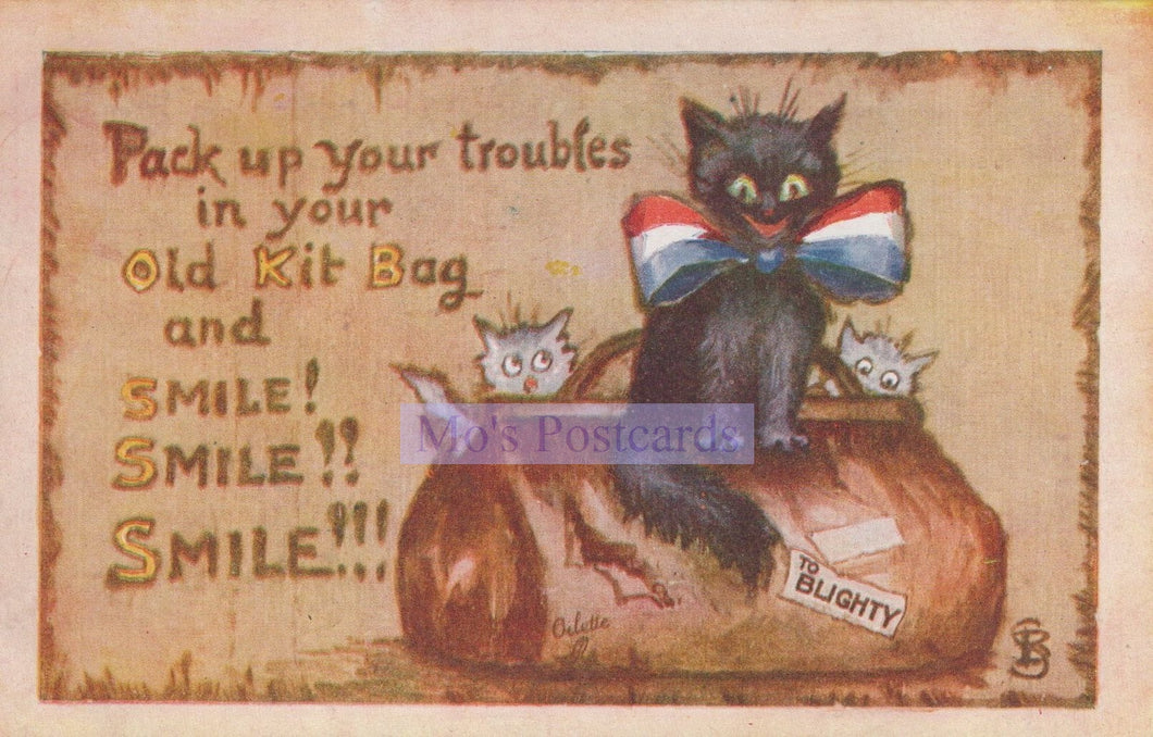 Vintage-style postcard with a black cat and kittens, featuring text and a decorative border.