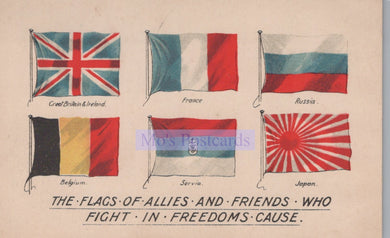 Set of six flags from different countries with text on a beige background