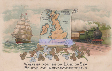 Vintage illustration with a ship, train, and map of the British Isles.