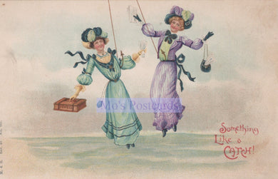Two women in vintage dresses with a text overlay on a light background