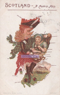 Cartoon map of Scotland with a person in traditional Scottish attire