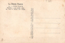 Load image into Gallery viewer, Vintage postcard with text about Menton and the Alps, featuring a beige background.
