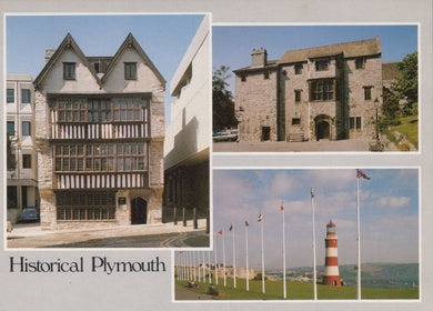Collage of historical buildings and a lighthouse in Plymouth.
