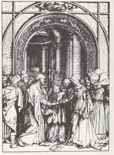 Load image into Gallery viewer, Black and white illustration of a historical scene with people in a grand hall.
