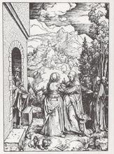 Load image into Gallery viewer, Black and white illustration of a scene with figures and landscape

