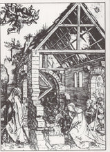 Load image into Gallery viewer, Black and white illustration of a rustic building with people and a tree branch.
