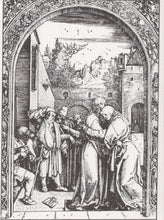 Load image into Gallery viewer, Black and white engraving of a historical scene with people and architecture.
