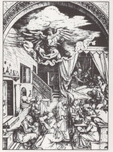 Load image into Gallery viewer, Black and white illustration of a religious scene with an angel and people in a room.
