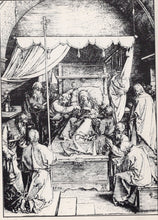 Load image into Gallery viewer, Black and white line drawing of a religious scene with figures around a central figure on a throne.
