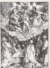 Load image into Gallery viewer, Black and white illustration of a religious scene with figures and clouds
