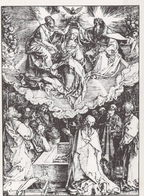 Black and white illustration of a religious scene with figures and clouds