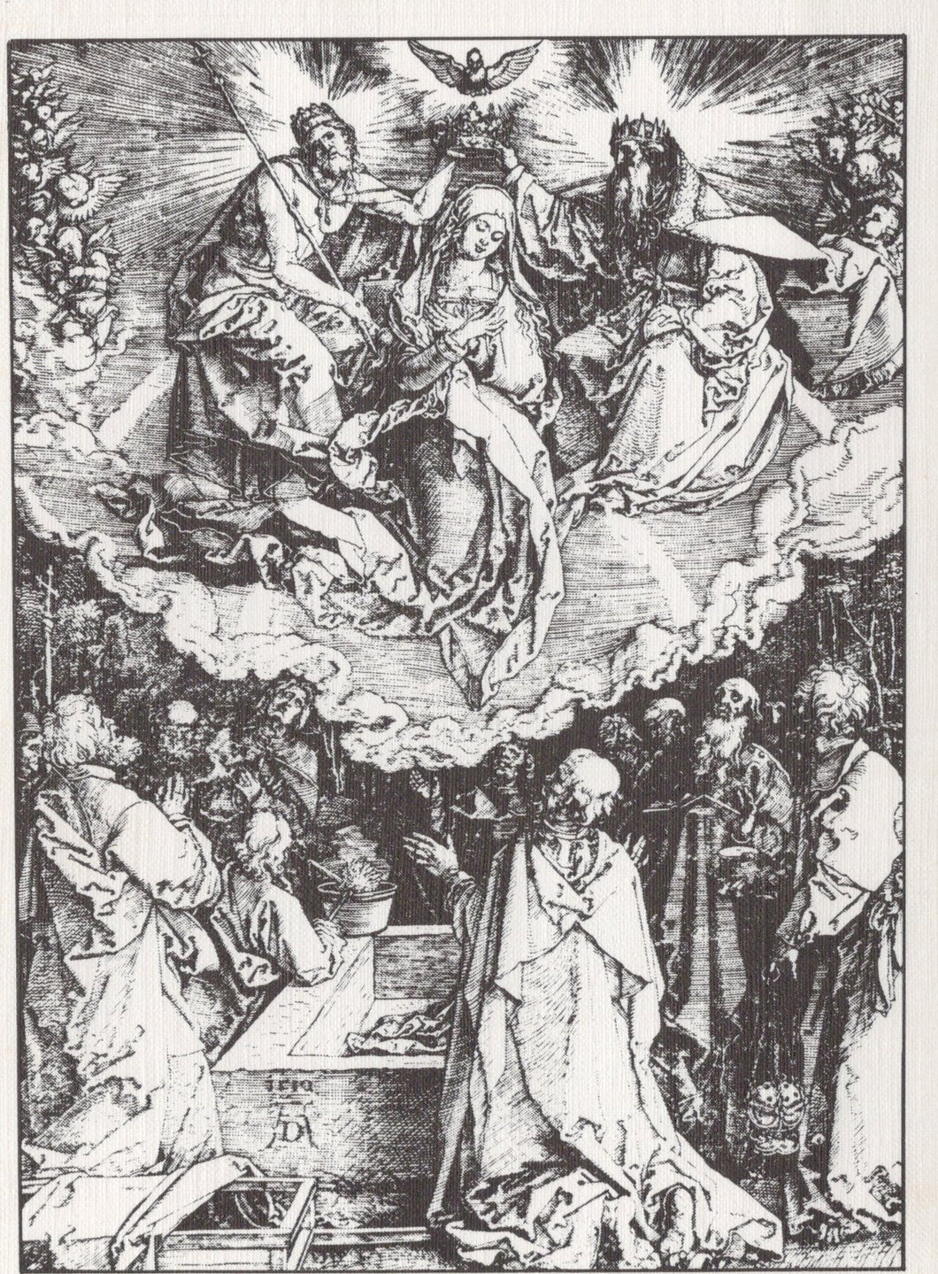 Black and white illustration of a religious scene with figures and clouds