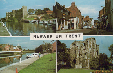 Collage of Newark on Trent featuring a castle, town street, river scenes, and ruins.