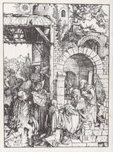 Load image into Gallery viewer, Black and white illustration of a religious scene with people and architecture.
