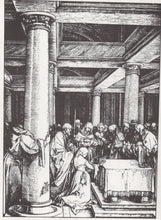 Load image into Gallery viewer, Black and white illustration of a religious ceremony in a temple with people around an altar.
