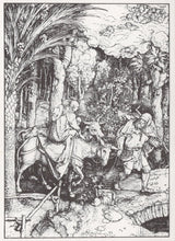 Load image into Gallery viewer, Black and white line drawing of a scene with figures and an animal in a forest setting
