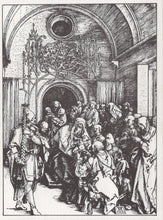 Load image into Gallery viewer, Black and white illustration of a crowded room with people in period attire.
