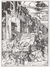 Load image into Gallery viewer, Black and white line drawing of a historical scene with people and buildings.
