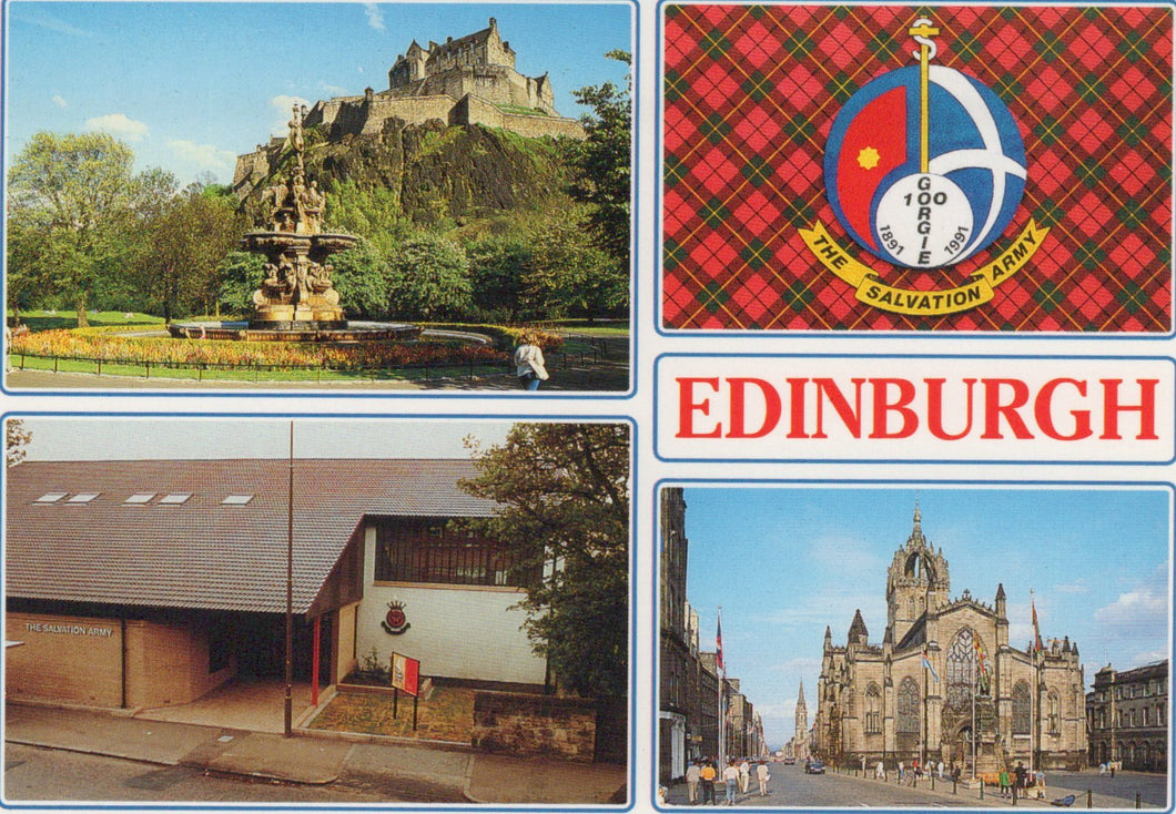 Postcard collage featuring Edinburgh landmarks and a Salvation Army emblem.