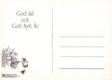 Load image into Gallery viewer, Vintage Christmas card with two cartoon characters and text &#39;God Jul och Gott Nytt Ar&#39; on a light background.
