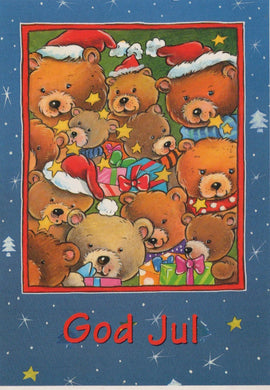 Christmas card with teddy bears wearing Santa hats and presents, set against a blue background with stars and trees.