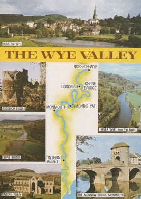 Map and scenic views of the Wye Valley with landmarks and a river.