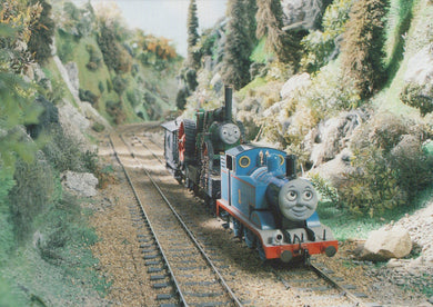 Model train set with Thomas the Tank Engine on a track surrounded by greenery