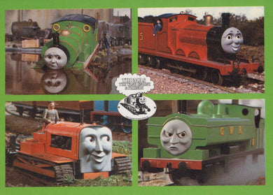 Collage of toy trains with smiling faces on a green border