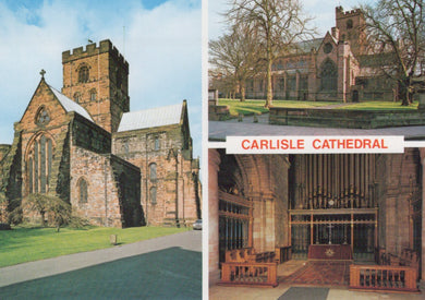 Collage of Carlisle Cathedral with exterior, interior, and text overlay.
