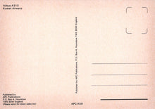 Load image into Gallery viewer, Back of a postcard with text related to Airbus A310 and Kuwait Airways on a pink background.
