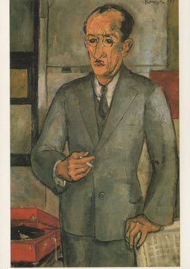 Painting of a man in a suit holding a cigarette, with a red object and white wall in the background.