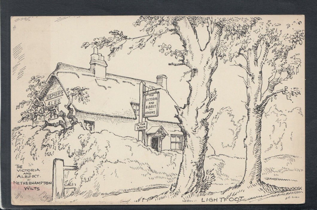 Wiltshire Postcard-Pencil Sketch,The Victoria and Albert Pub,Netherhampton T9460