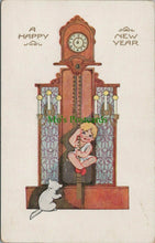 Load image into Gallery viewer, Embossed Greetings Postcard - A Happy New Year, Clock, Cat, Child RS27917
