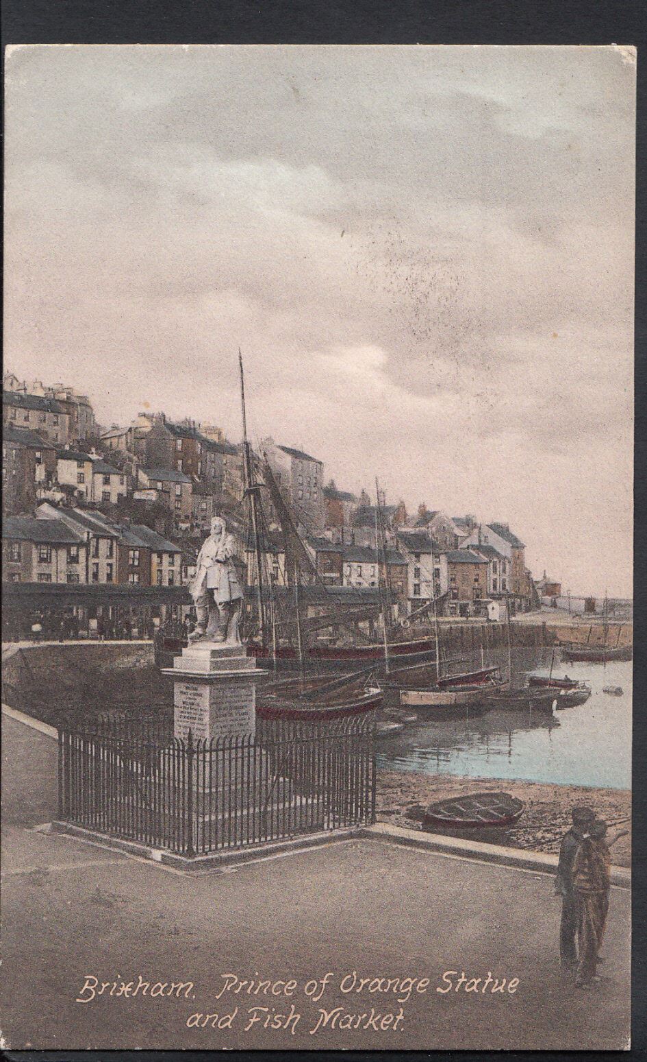 Devon Postcard - Brixham, Prince of Orange Statue and Fish Market  RT1013