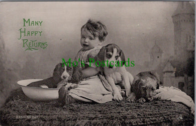 Greetings Postcard - Child With Three Dogs on Washing Day  Ref.SW9867