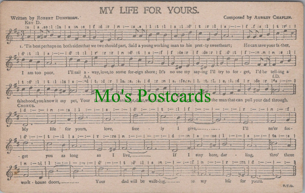 Music Postcard - Musical Notes, My Life For Yours, Aubery Chaplin Ref.HP318