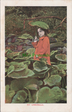 Children Postcard - My Umbrella, Young Girl Holding a Large Leaf Ref.SW10101