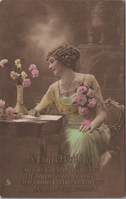 Greetings Postcard - A Happy Birthday - Lady Sat at a Writing Desk SW10619