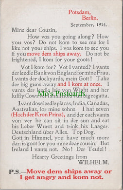 Humour Postcard - German Emperor Wilhelm, Potsdam Berlin 1914 - SW10383