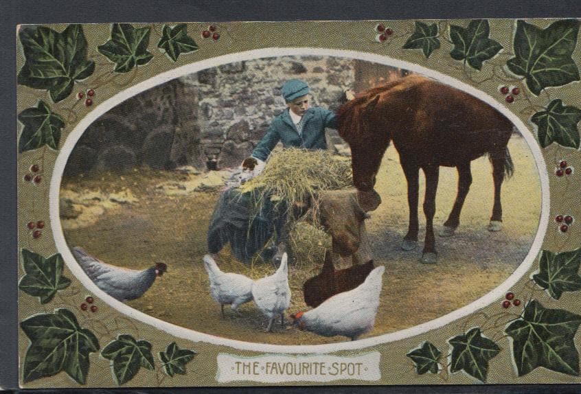 Farmyard Postcard - Animals - Child With Horse, Dog and Chickens - Mo’s Postcards 