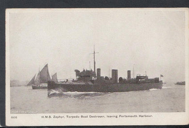 Military Postcard - H.M.S.Zephyr, Torpedo Boat Destroyer, Leaving Portsmouth Harbour - Mo’s Postcards 