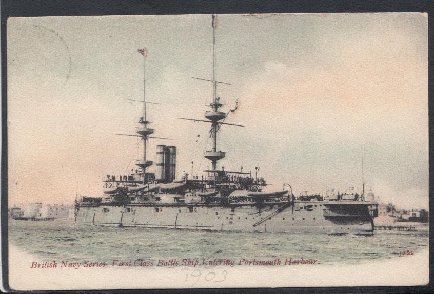 Military Postcard - Naval - First Class Battle Ship Entering Portsmouth Harbour, 1903 - Mo’s Postcards 