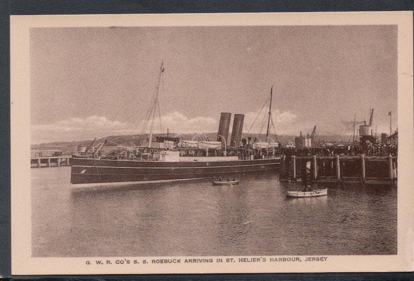 Shipping Postcard - G.W.R.Co's S.S.Roebuck Arriving in St Helier's Harbour, Jersey - Mo’s Postcards 