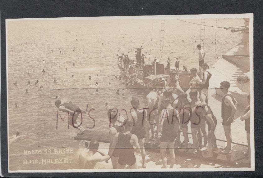 Military Postcard - Naval - Hands To Bathe, Sailors Diving, H.M.S.Malaya - Mo’s Postcards 
