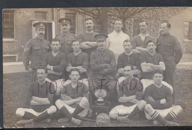 Military Postcard - Group of British Soldiers - K Battery Royal Horse Artillery Football Cup Winners, 1914 - Mo’s Postcards 